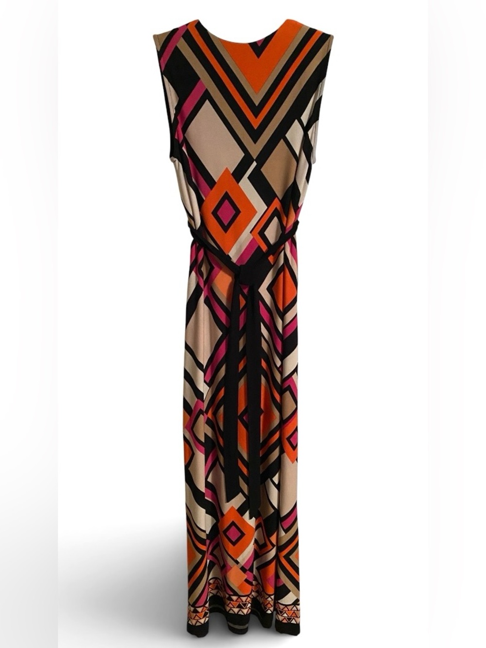 R&M Richards V-Neck Geometric Maxi Dress in Orange, Black. Pink & Cream, Size 8 - Picture 3 of 8